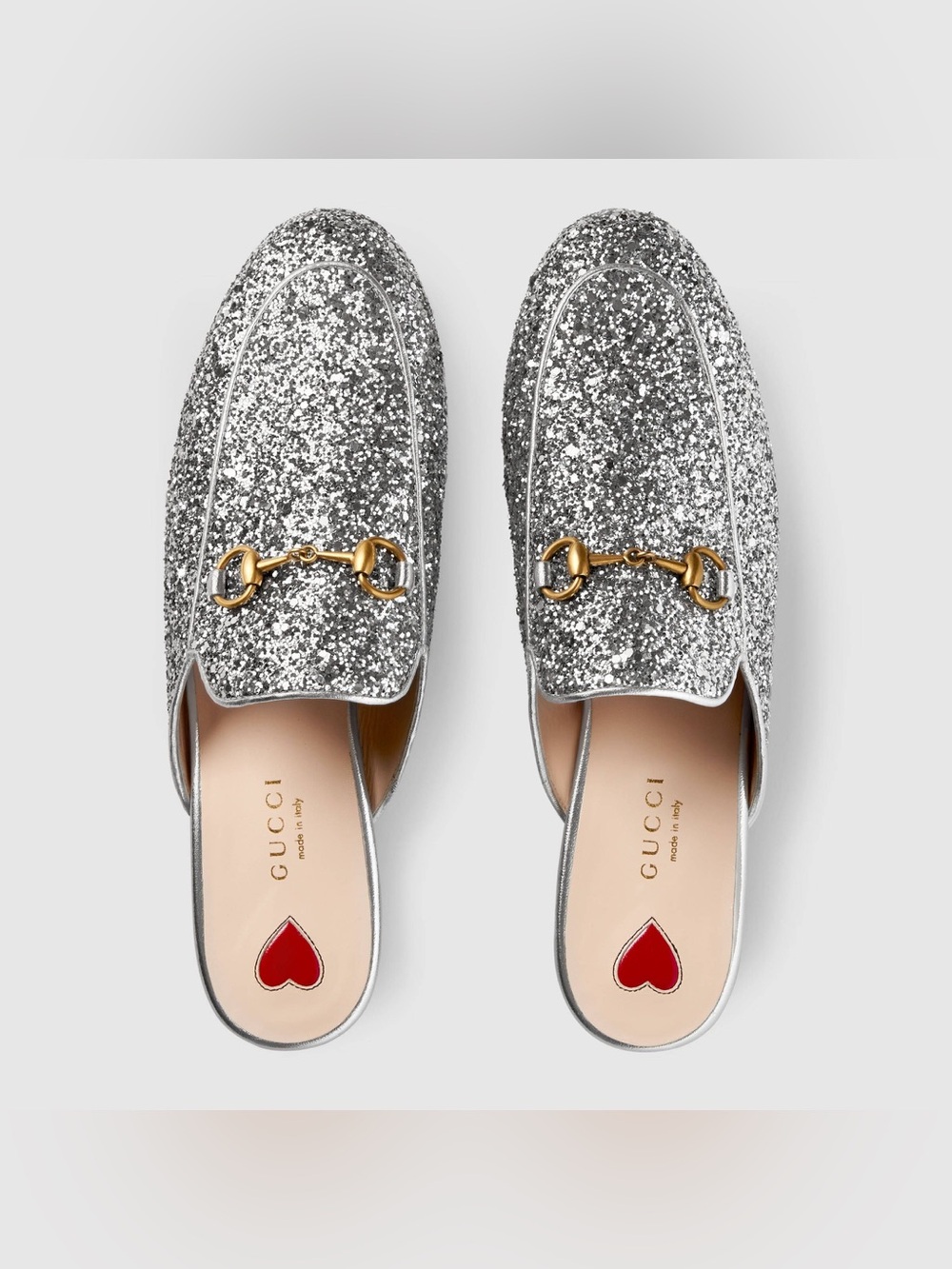 $750 Gucci Made in Italy Princetown Silver Glitter Horsebit Mules Slippers 6.5